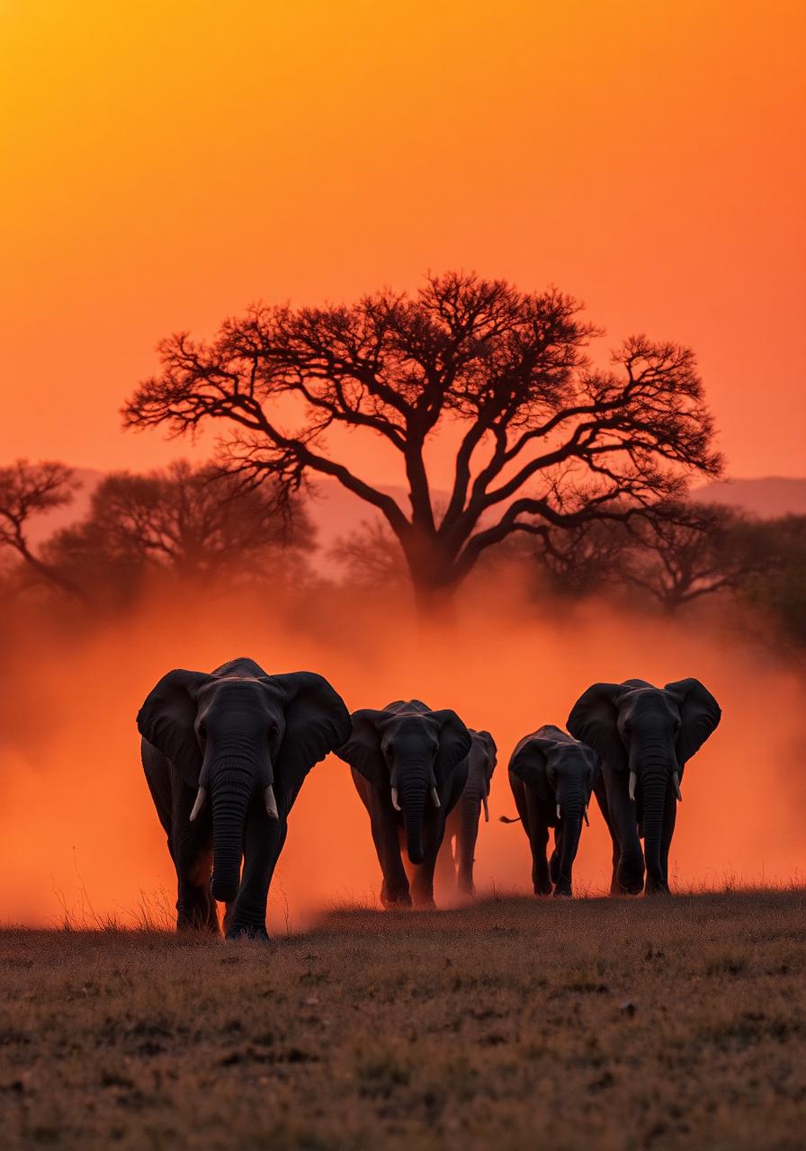 Stádo slonů kráčející africkou savanou při západu slunce