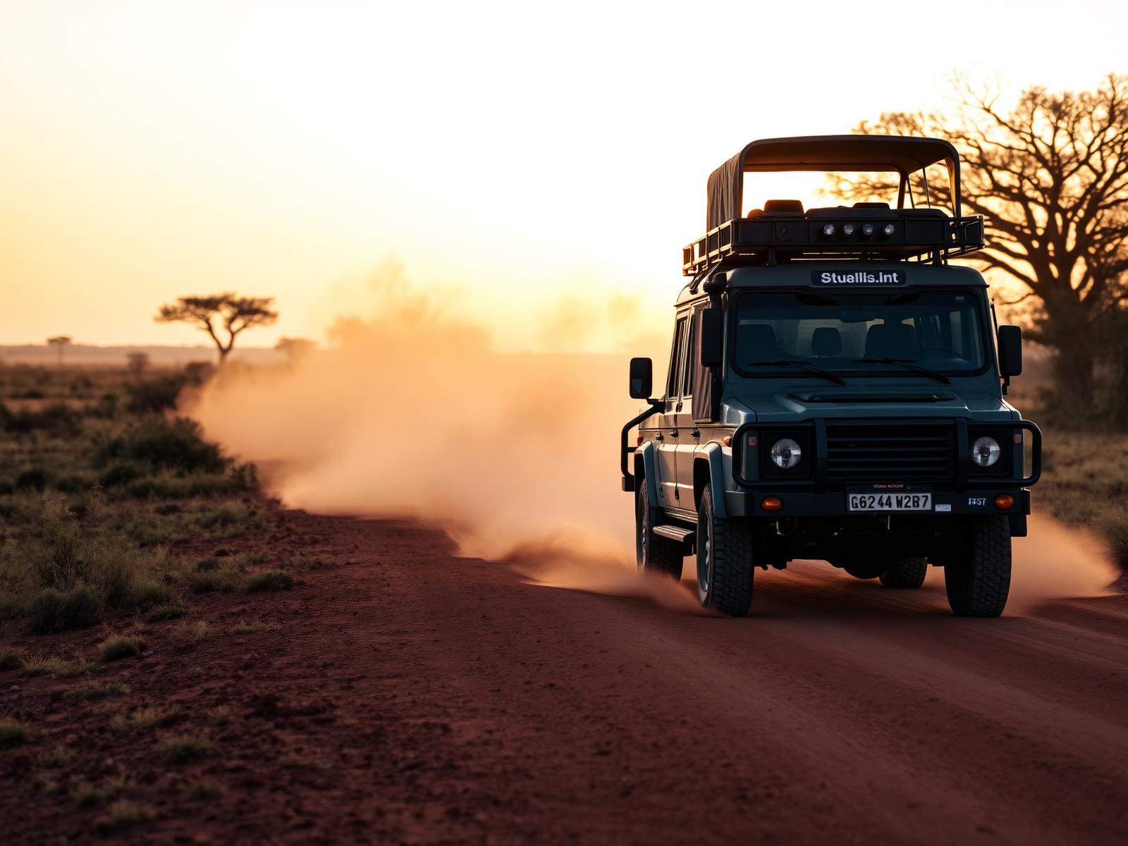 Speciálně upravený expediční náklaďák na prašné cestě africkou savanou